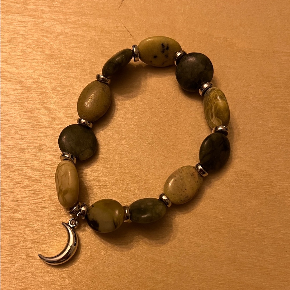 Hand Crafted Green and Silver Bracelet with Moon Charm